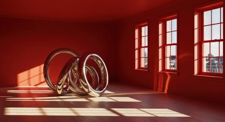 Sculptural rings in a sunlit red studio evoke modern abstract art and creative space inspiration.