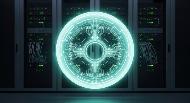 Futuristic glowing circle with circuit pattern in server room for data storage - Powered by Adobe