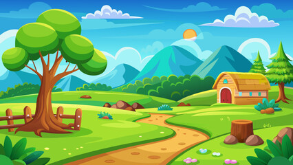 Fototapeta premium Vector landscape cartoon illustration a green field and blue sky in the style children's books illustration