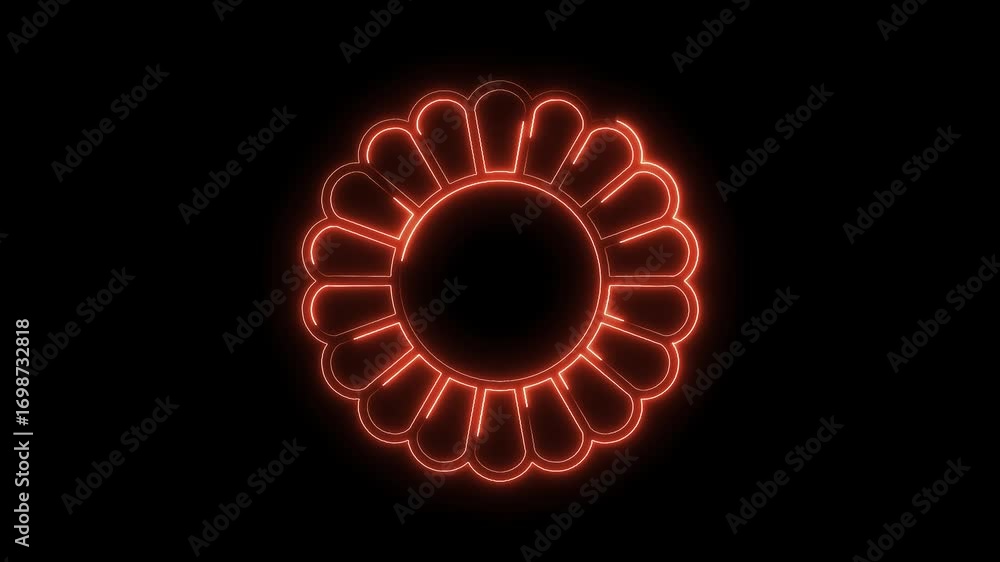 Poster glowing orange neon flower rotating animation on black background for modern design projects