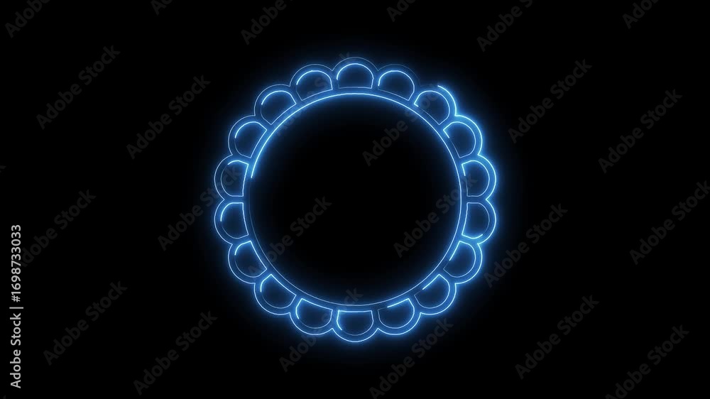 Poster animated blue neon circle frame with scalloped edge on dark background for graphic elements