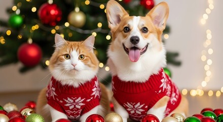Cute corgi dog and cat wearing christmas sweaters with tree