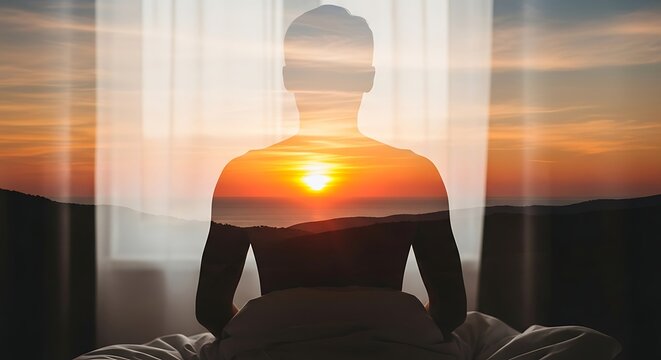 Man meditating with sunrise landscape double exposure.