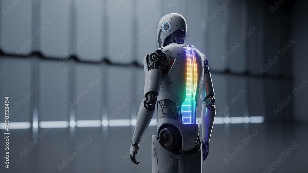 Poster robot with colorful spine in a futuristic environment