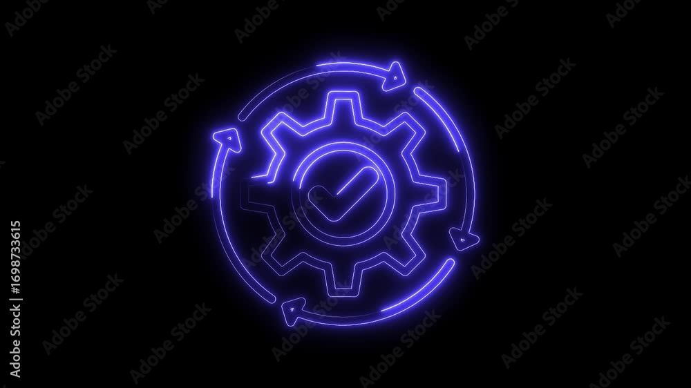 Poster neon cogwheel with check mark and arrows animation symbolizing process completion