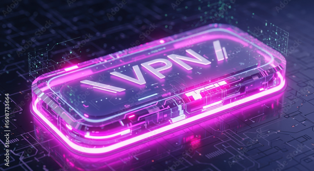 Poster vpn encryption with illuminated button on electronic circuit board to protect privacy. vpn concept s