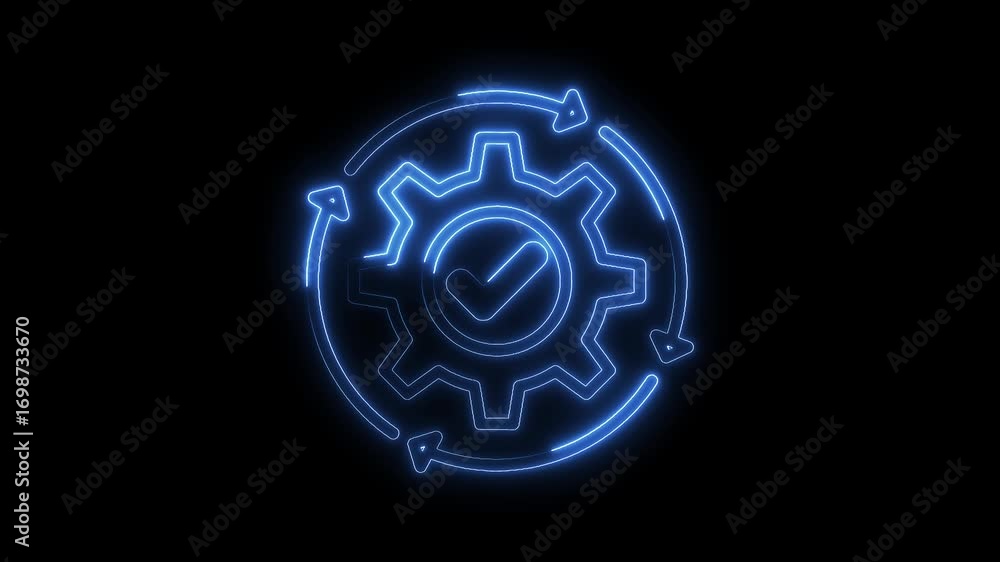 Poster neon style animation of gear with checkmark and cycle arrows on black background