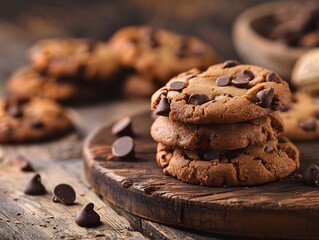 Fototapeta premium peanut butter cookies and chocolate chips on rustic board, soft daylight, high quality commercial stock JPG 4