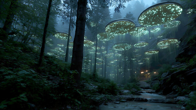 Enchanted forest glowing mushroom lights nature photography scenic landscape fantasy ethereal trees stream