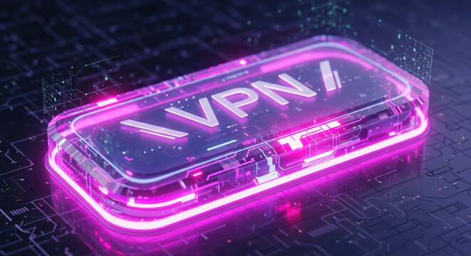 VPN encryption with illuminated button on electronic circuit board to protect privacy. VPN concept symbolizes safe internet browsing with encryption, data security, and protecting online anonymity.