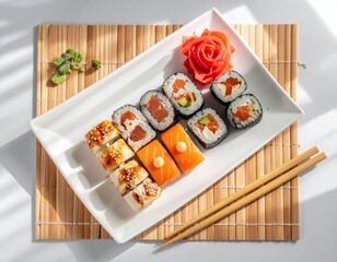 AI-generated illustration of sushi including nigiri and rolls on a slate platter