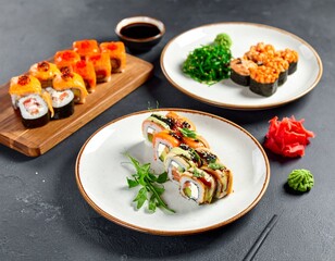 AI-generated illustration of sushi including nigiri and rolls on a slate platter