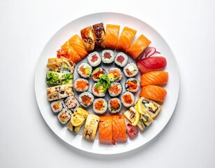 AI-generated illustration of sushi including nigiri and rolls on a slate platter