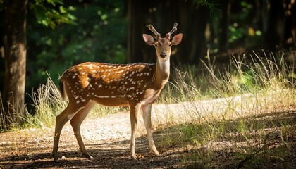 a spotted deer stands gracefully in the dappled sunlight