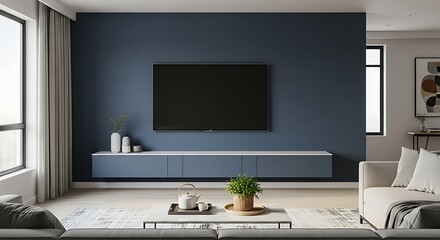 Modern living room with large tv mounted on dark blue wall and sleek entertainment unit