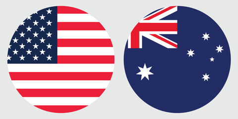 America and Australia Circular Flags on Grey Background ,International Relations Concept