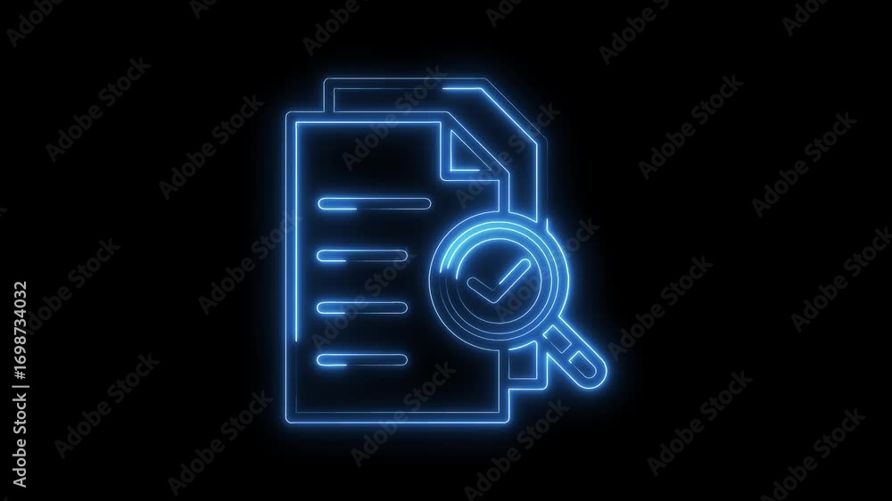 Aufkleber luminous verification document neon style animation checkmark with magnifying glass on black backgro