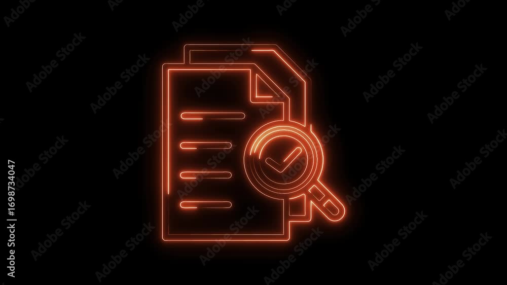 Poster glowing neon file document with checkmark and magnifying glass animation on black background