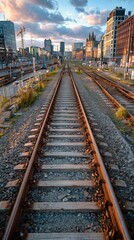 Fototapeta premium Tranquil Railway Tracks Under Pink Sunset in Urban Setting.