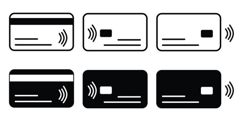 Credit Card Icon: A set of simple black and white debit and credit card symbols with contactless payment signs, perfect for finance, banking, and digital transactions