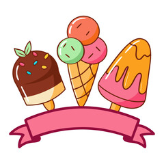 Cute Ice Cream and Popsicles with Ribbon Banner