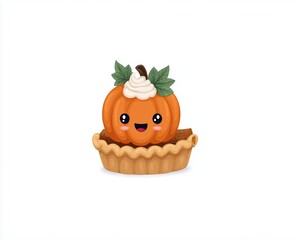 Adorable pumpkin pie slice with smiling face, cream on top, kawaii cartoon food style