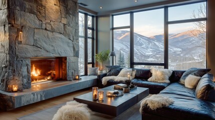 Cozy Living Room With Fireplace and Mountain View During Winter Evening.