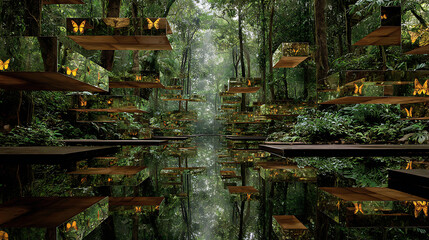 Dreamy forest landscape with butterflies and mirrored platforms nature photography background wallpaper 100