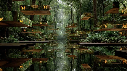 Foto auf Acrylglas Hotel Dreamy forest landscape with butterflies and mirrored platforms nature photography background wallpaper 100  © umer