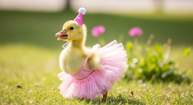 Duckling in pink tutu and party hat.