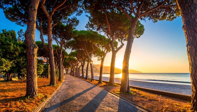 Coastal path lined with pine trees at sunrise - Powered by Adobe