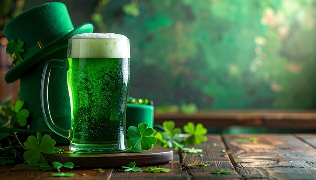 A festive St. Patrick's Day scene with a green beer, hat, and shamrocks on a wooden surface.
