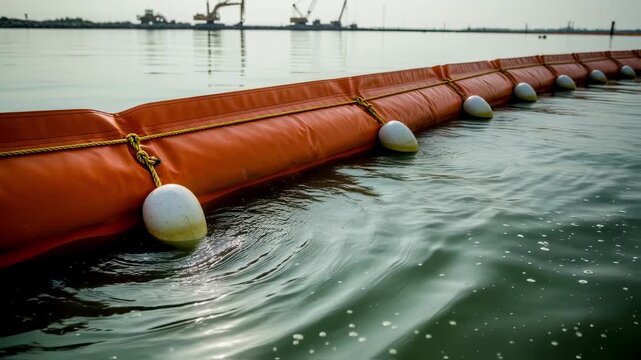Close view of a suspended turbidity barrier deployed in murky waters with reflective ripples and construction equipment visible beyond the shoreline.