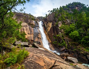 Cascading waterfall plunges down rocky cliff face, lush forest surrounds