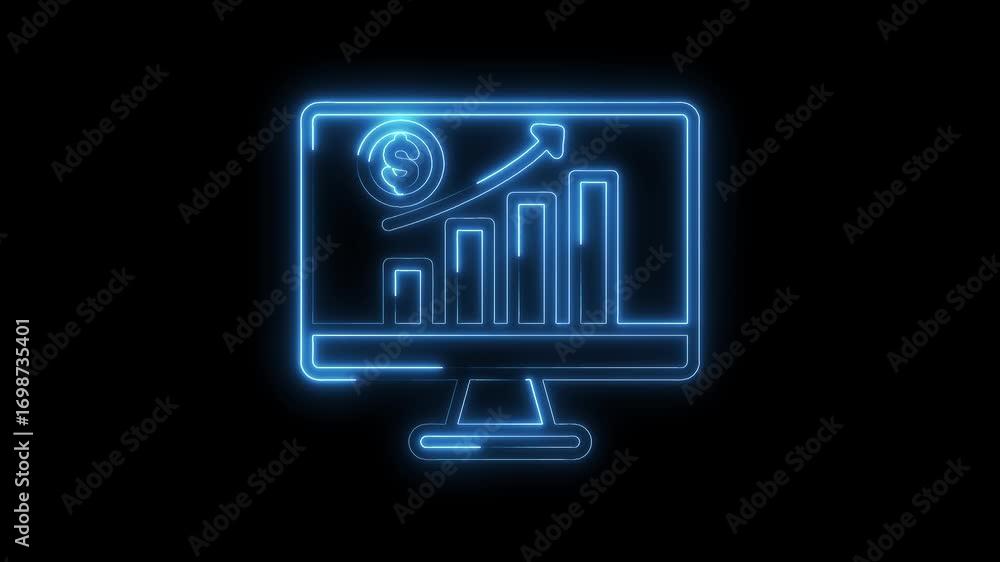 Poster glowing neon computer screen displays bar graph with rising dollar symbol animation