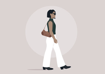 Fashion-forward character walks gracefully down the vibrant sidewalk, flaunting their individual style, weaving through a lively urban atmosphere filled with energy