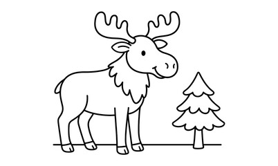 Cute moose outline with tree in minimalist cartoon style for kids coloring