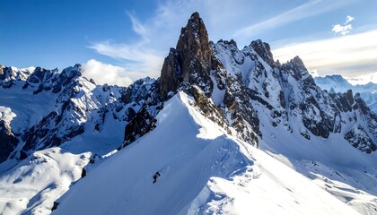 Snowy mountain peaks under a bright sky. A skier is visible on the slope