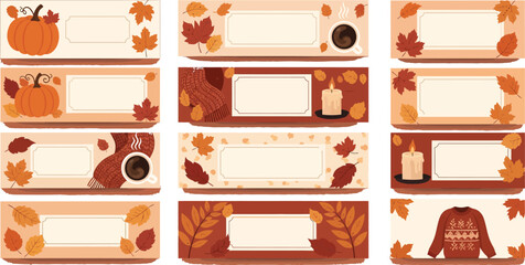 Autumn harvest fall themed rectangular labels with pumpkins and leaves for decoration vector