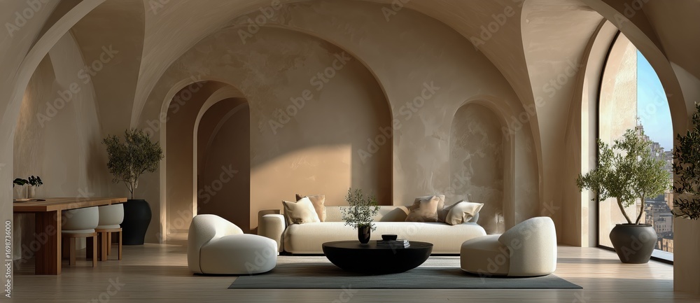 Poster modern interior design featuring arched architecture and scenic mountain view in daylight.