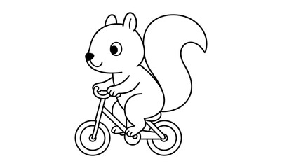 Fototapeta premium Cute cartoon squirrel riding a bicycle outline for coloring pages