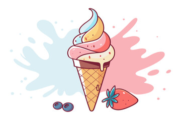 Colorful Ice Cream Cone with Strawberry and Splash