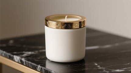 Luxury Scented Candle in Matte White Ceramic Jar with Gold Lid – Elegant Home Decor Photography