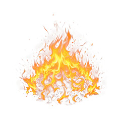 Vibrant orange and yellow flames with glowing embers isolated on transparent background