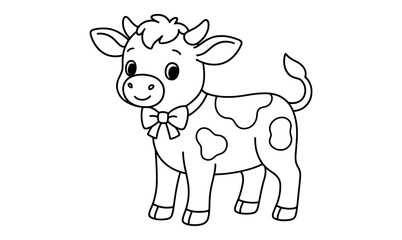 Fototapeta premium Cute cartoon cow with bow coloring page for kids activities