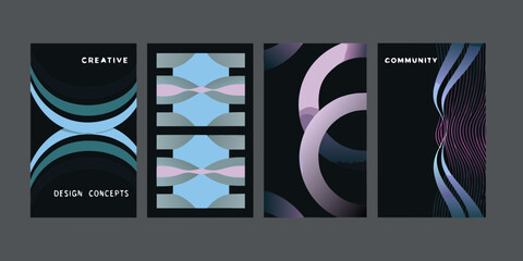 Abstract modern graphic design concepts with creative and community themes on dark backgrounds