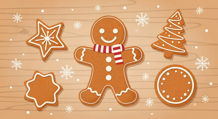 Delightful Christmas Gingerbread Cookies on Wooden Background