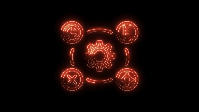 Neon glowing icons of process,settings,options,and goals on black background