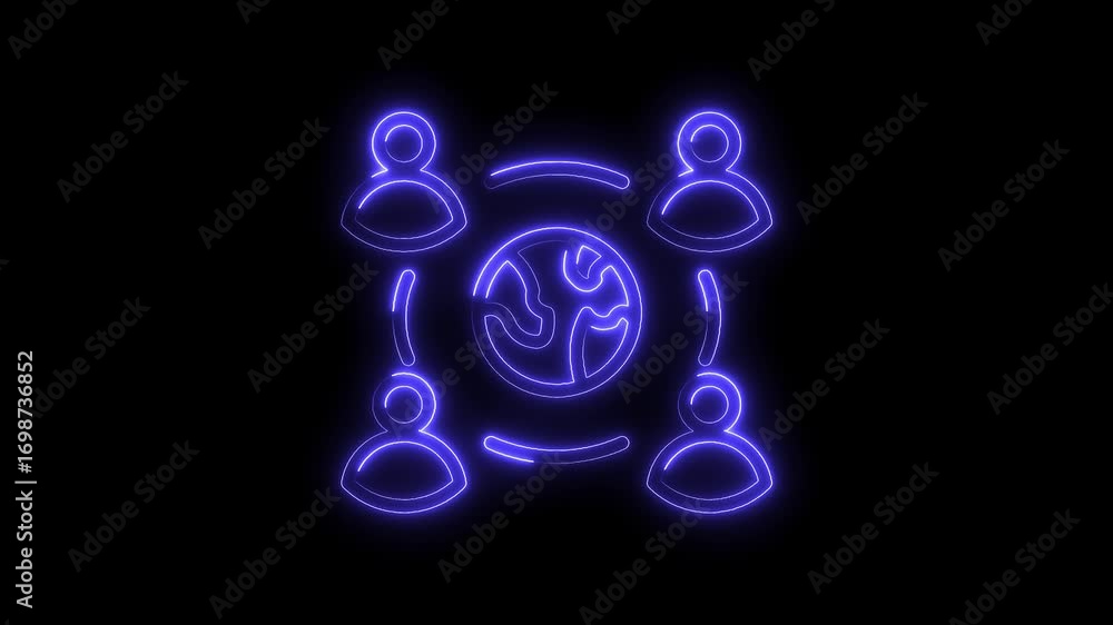 Poster neon global networking concept animation with digital people connected to worldwide communication