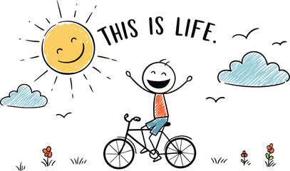 Happy stick figure riding a bicycle under a smiling sun, isolated on white background